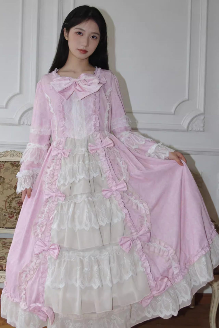 Sweet Plus Size Long Sleeves Triple-Layered Ruffled Open-Front Bow Lace Princess Lolita Victorian Dress