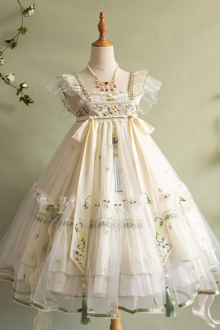 Ivory Luo Ling Fu Ruffle Embroidery Bowknot Lace Sweet Chinese Style Lolita Jsk Dress