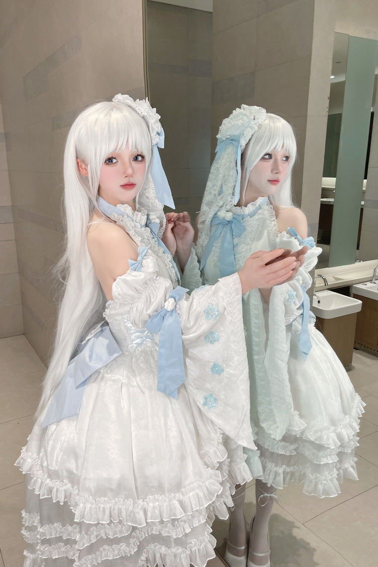 White Detachable Long Trumpet Sleeves Triple-Layered Ruffle Hanayome Bowknot Lace Sweet Lolita Dress