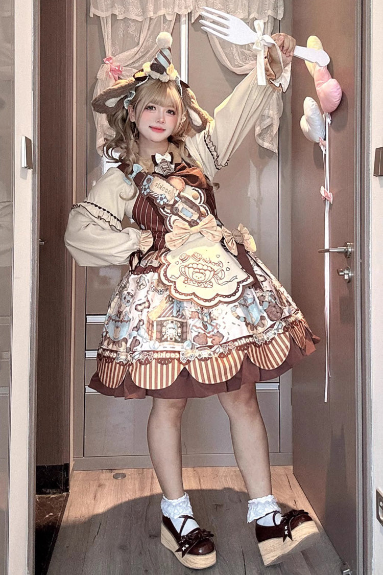 Bear Cookie Sleeveless Print Bowknot Sweet Lolita Jsk Dress Set 2 Colors