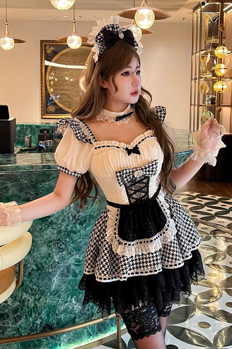 Black/White Lovely Houndstooth Square Collar Short Sleeves Print Ruffle Bowknot Lace Maid Sweet Lolita Dress