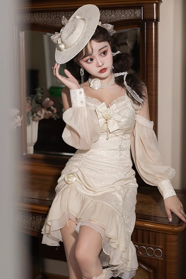 Champagne Camellia 2.0 Sleeveless Jacquard Ruffle Lace Asymmetric Sweet Chinese Style Fishtail Lolita Jsk Dress