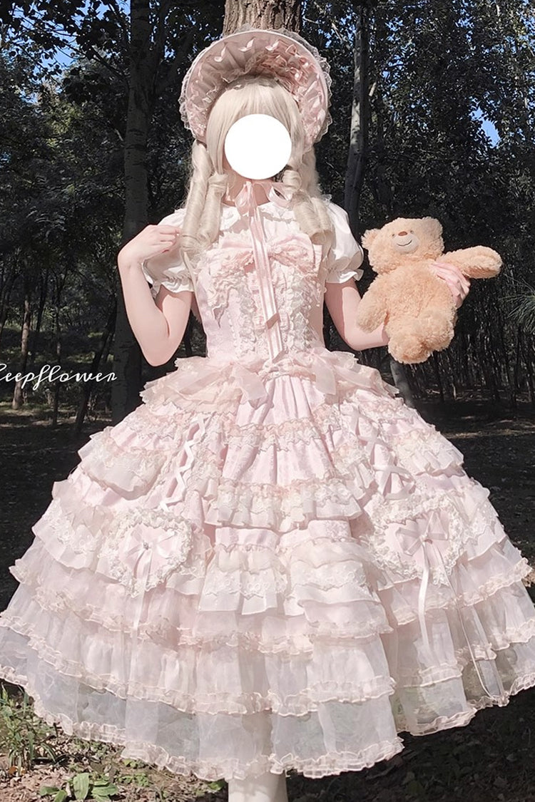 Pink Sweetheart Diary Multi-Layered Ruffle Hanayome Embroidery Bowknot Lace Sweet Lolita Jsk Dress
