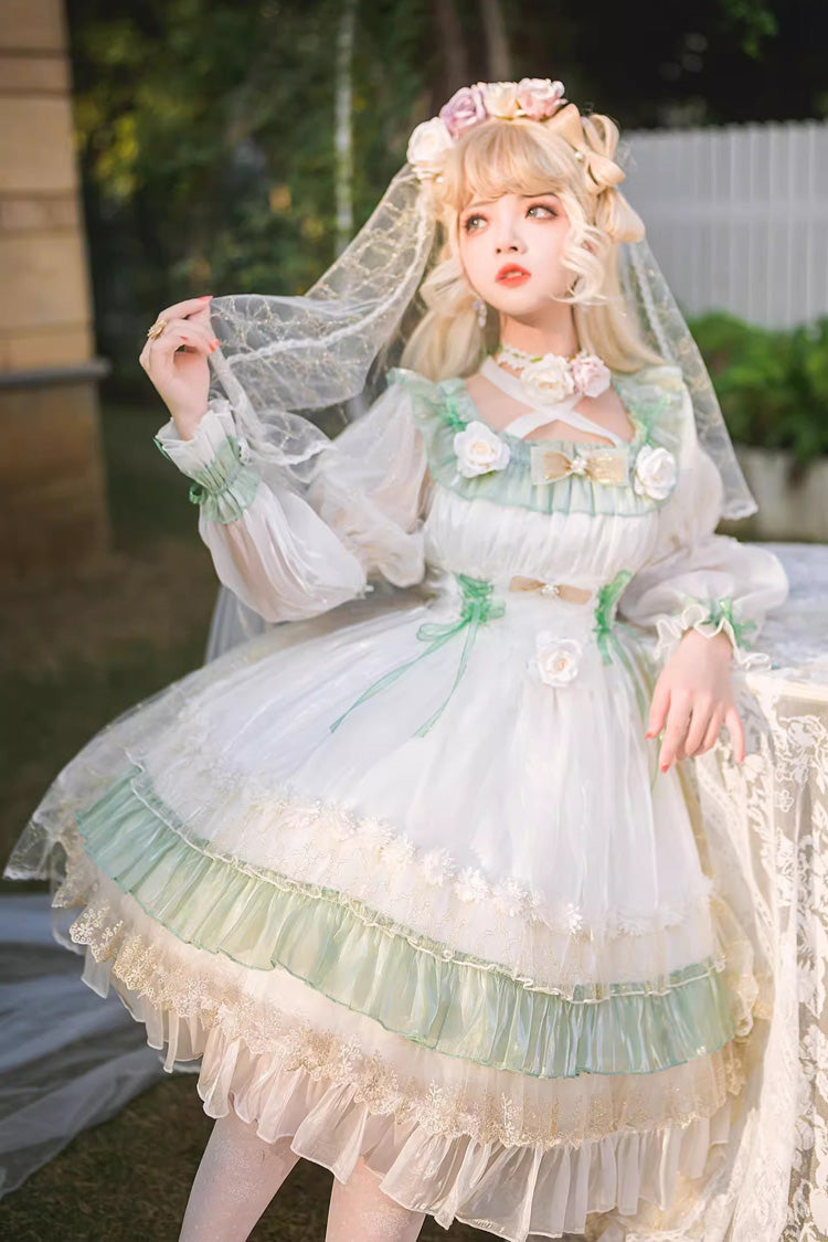 Green Spring of Boliya Long Sleeves Multi-Layered Ruffle Bowknot Lace Lace-Up Sweet Princess Lolita Dress