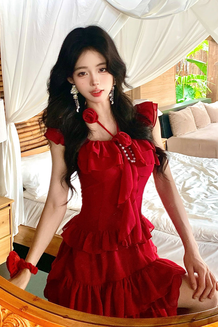 Red Summer Seaside Short Sleeves Triple-Layered Ruffle Bowknot Irregular Holiday Style Sweet Lolita Dress