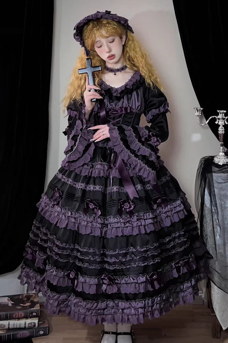 Black/Purple Layered Blackcurrant Short Sleeves Ruffle Bowknot Lace Sweet Lolita Dress