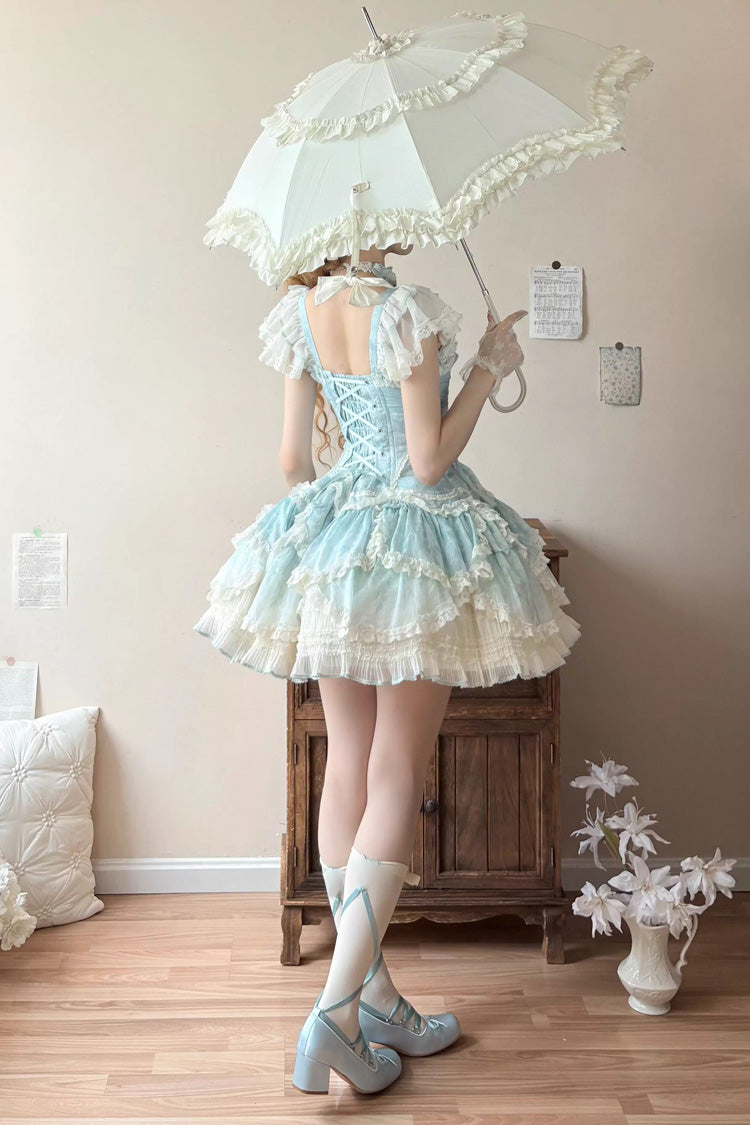 Green Floral Dream Short Sleeves Multi-Layered Ruffle Embroidery Bowknot Lace-Up Sweet Elegant Ballet Lolita Jsk Dress