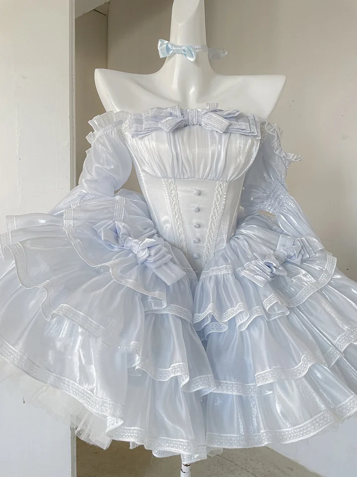 Hime Lolita Baby Blue Princess Ballet Style Fairy Ball Gown with Lace Cake Prom Dresses