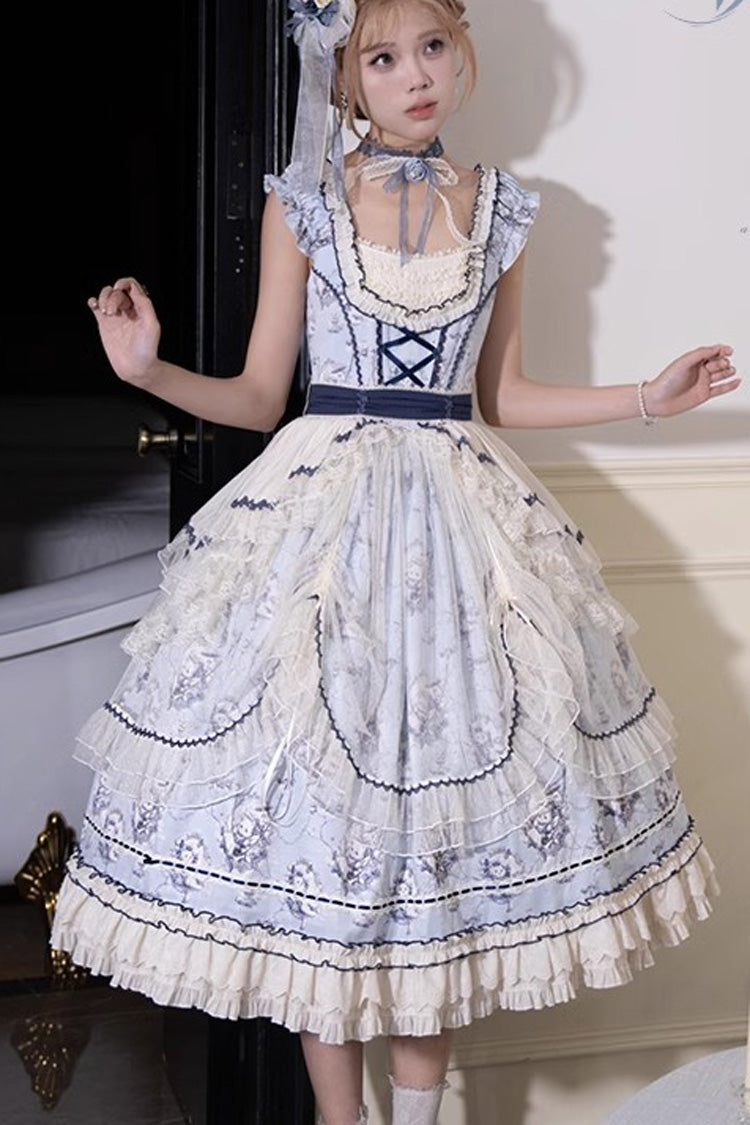 Blue Swing Cat Print Ruffle Bowknot Lace Sweet Elegant Lolita Jsk Dress