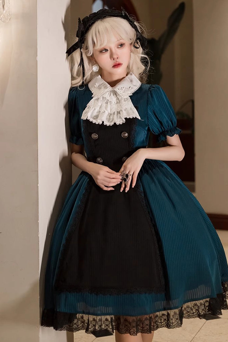 Dark Green Otherworld Deacon Detachable Apron Short Sleeves Gothic Lolita Dress