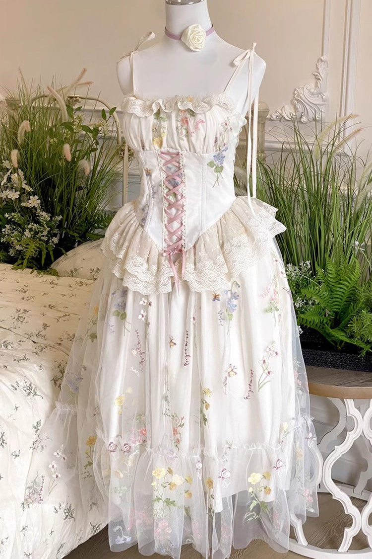 Off White Spring Bouquets Romantic Ruffle Embroidery Bowknot Mesh Sweet Lolita Jsk Dress