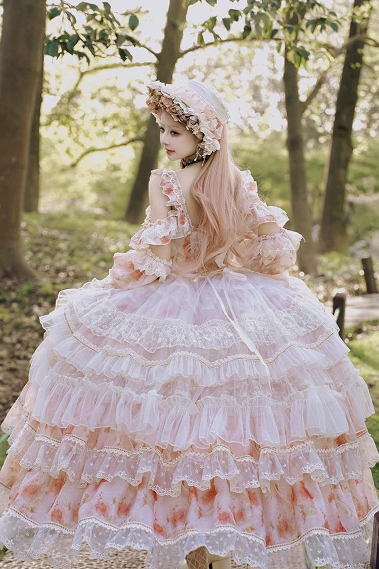 Pink Rose Letter Off Shoulder Triple-Layered Print Ruffle Hanayome Sweet Princess Lolita Dress