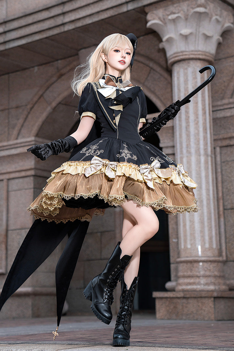 Black Gilded Oath Short Sleeves Double-Layered Ruffle Embroidery Bowknot Gothic Lolita Dress