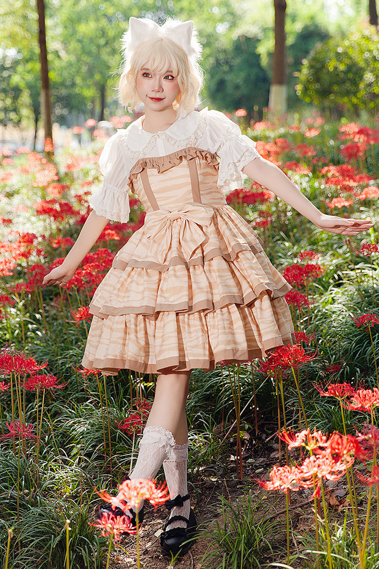 Apricot Cloth Cat Triple-Layered Print Ruffle Bowknot Sweet Lolita Dress