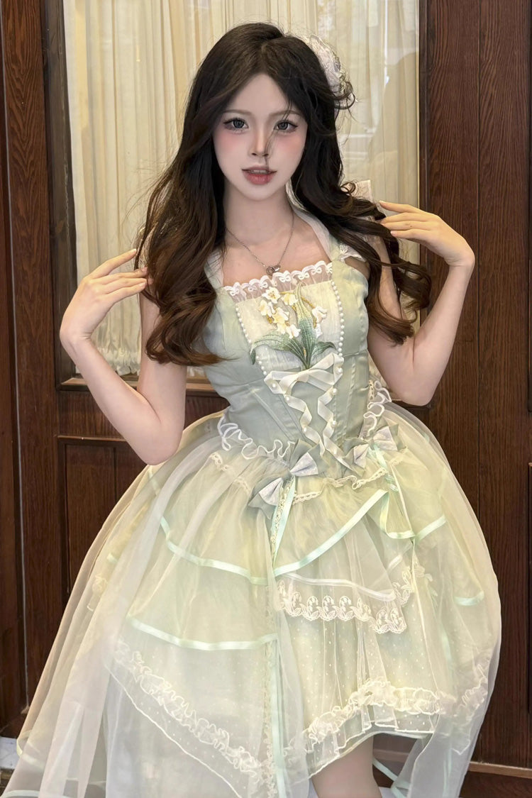 Green Lily of the Valley Summer Polka Dot Print Ruffle Bowknot Lace-Up Sweet Princess Lolita Jsk Dress