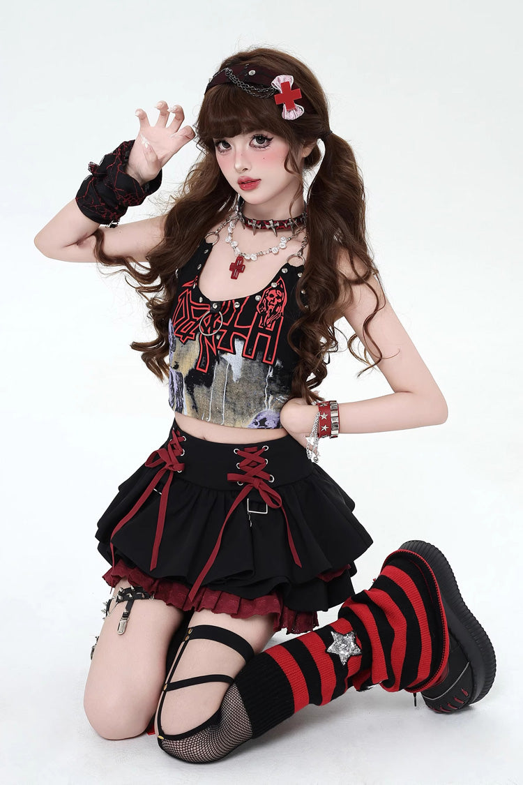 Rebellious Period Double-Layered Ruffle Lace-Up Gothic Japanese Lolita Skirt 3 Colors