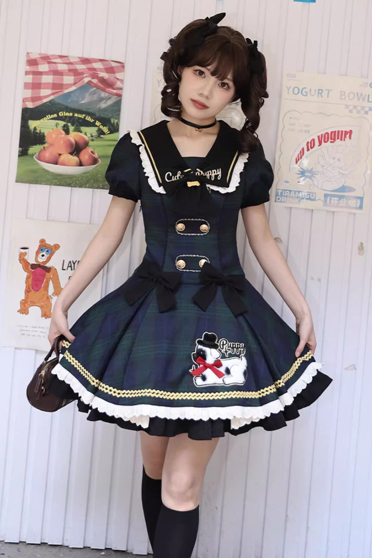 Blue Dalmatian Short Sleeves Print Ruffle Bowknot Slim Sweet Lolita Dress
