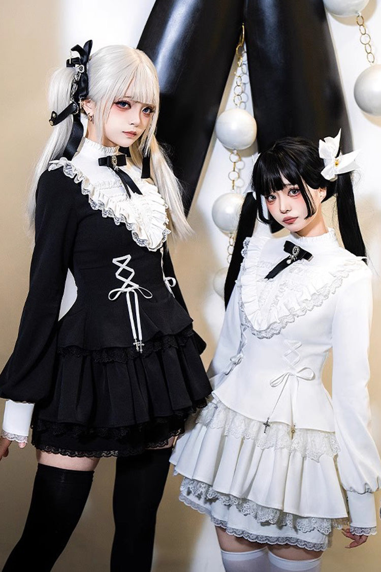White Long Sleeves Ruffle Lace-Up Sweet Handsome Lolita Dress