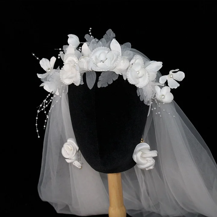 Lolita Hair Accessories White Flowers Bridal Tiara Veil  Headband Headwear for Wedding