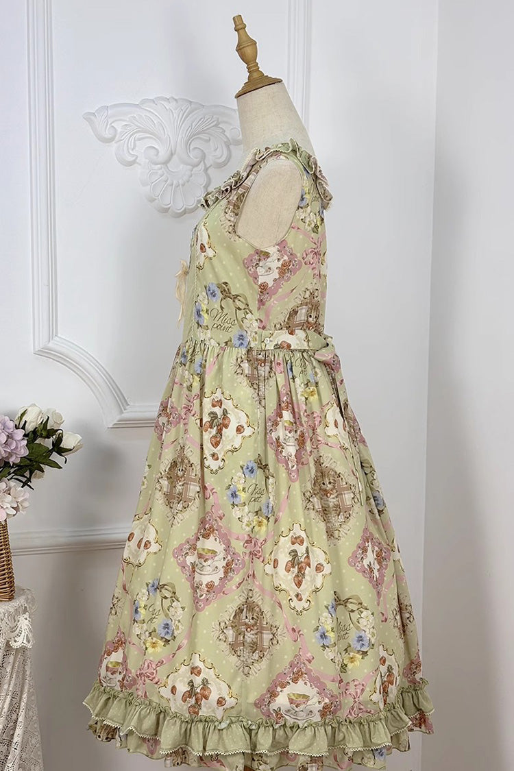 Green Cat Rose Tea Sleeveless Print Ruffle Bowknot Sweet Lolita Jsk Dress