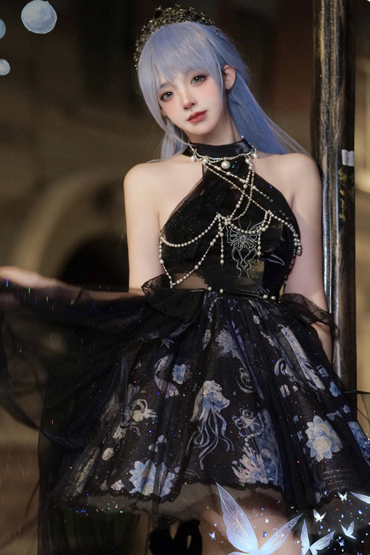 Blue Deep Sea Jellyfish Halterneck Sleeveless Print Embroidery Bowknot Lace Sweet Elegant Lolita Jsk Dress