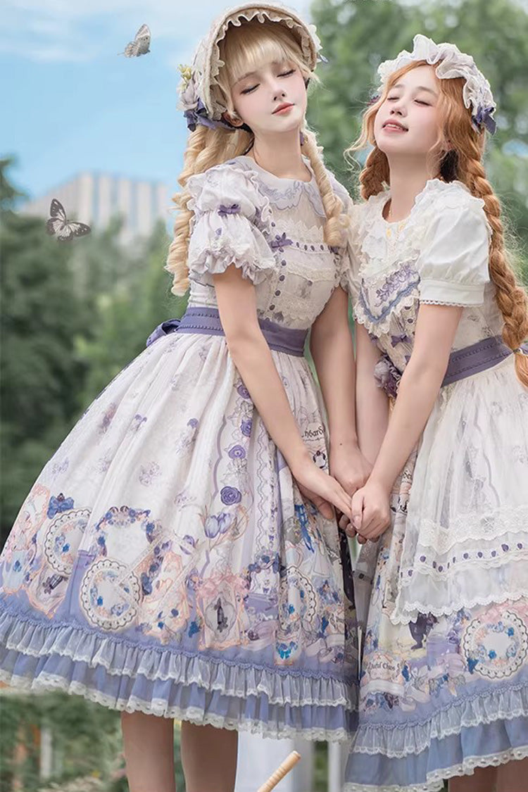 Purple Red Hare Tea Party Lapel Collar Long Sleeves Printed Ruffled Lace Chiffon Sweet Elegant Lolita Dress