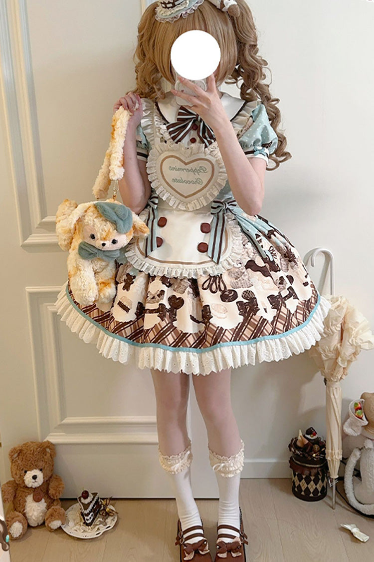 Brown Peppermint Chocolate Chocolate Cake Bear Print Ruffle Bowknot Lace-Up Sweet Lolita Dress