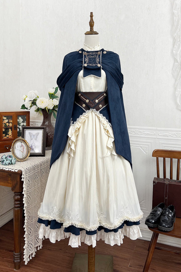 Beige Morning Mist Coast Stand Collar Long Sleeves Ruffle Embroidery Vintage Elegant Lolita Skirt Dress Set