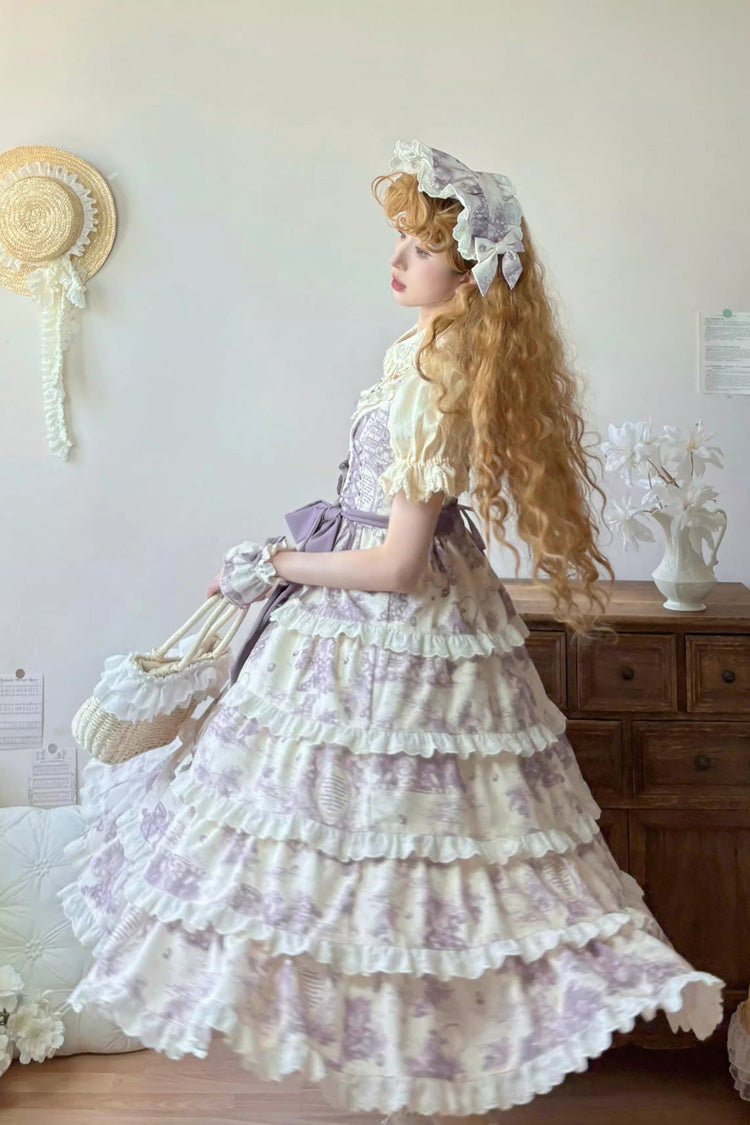 Purple Grape Moon Almanac Sleeveless Multi-Layered Printed Ruffled Bow Adjustable-Length Sweet Lolita Jsk Dress