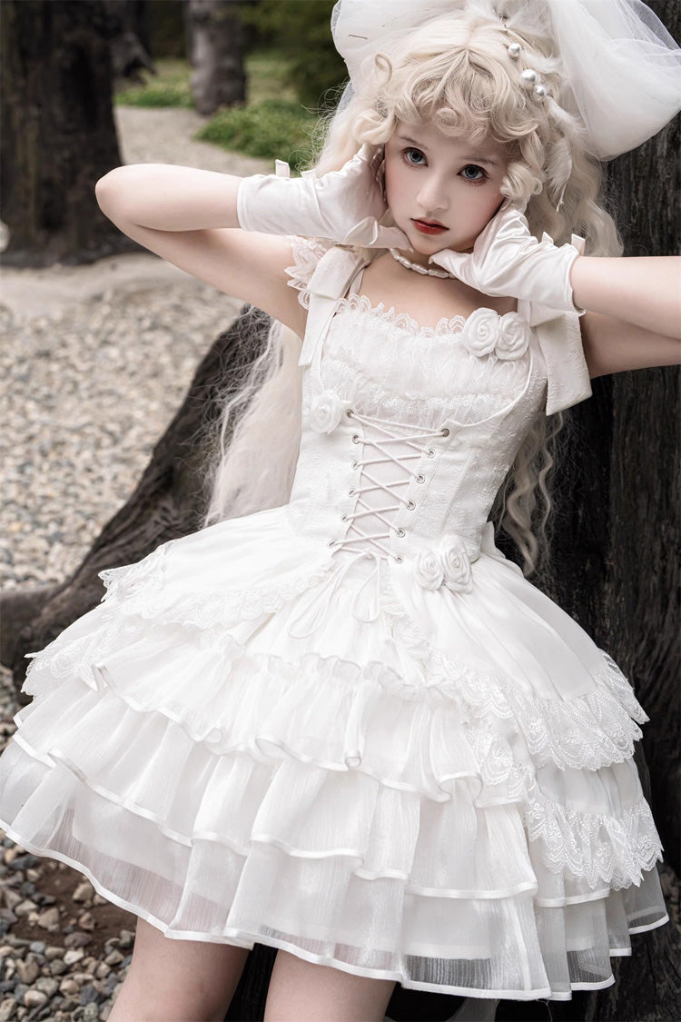 White Rose Multi-layer Ruffle Hanayome Stitching Lace Detachable Sweet Princess Lolita Tiered Dress