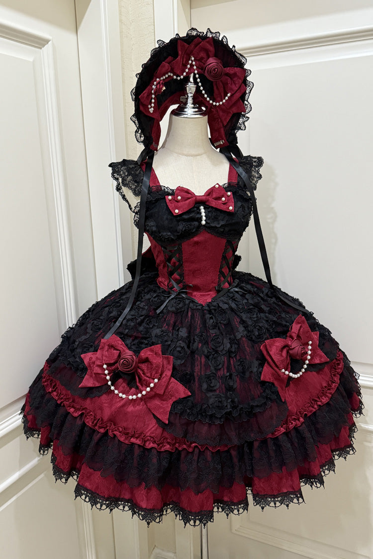 Black/Red Rose Princess Sleeveless Ruffle Bowknot Lace Lace-Up Gothic Ballet Lolita Jsk Dress