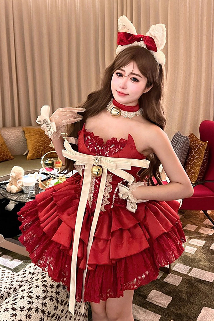 Red Holiday Lovers Sleeveless Triple-Layered Ruffle Hollow Bowknot Lace-Up Princess Ballet Sweet Lolita Dress