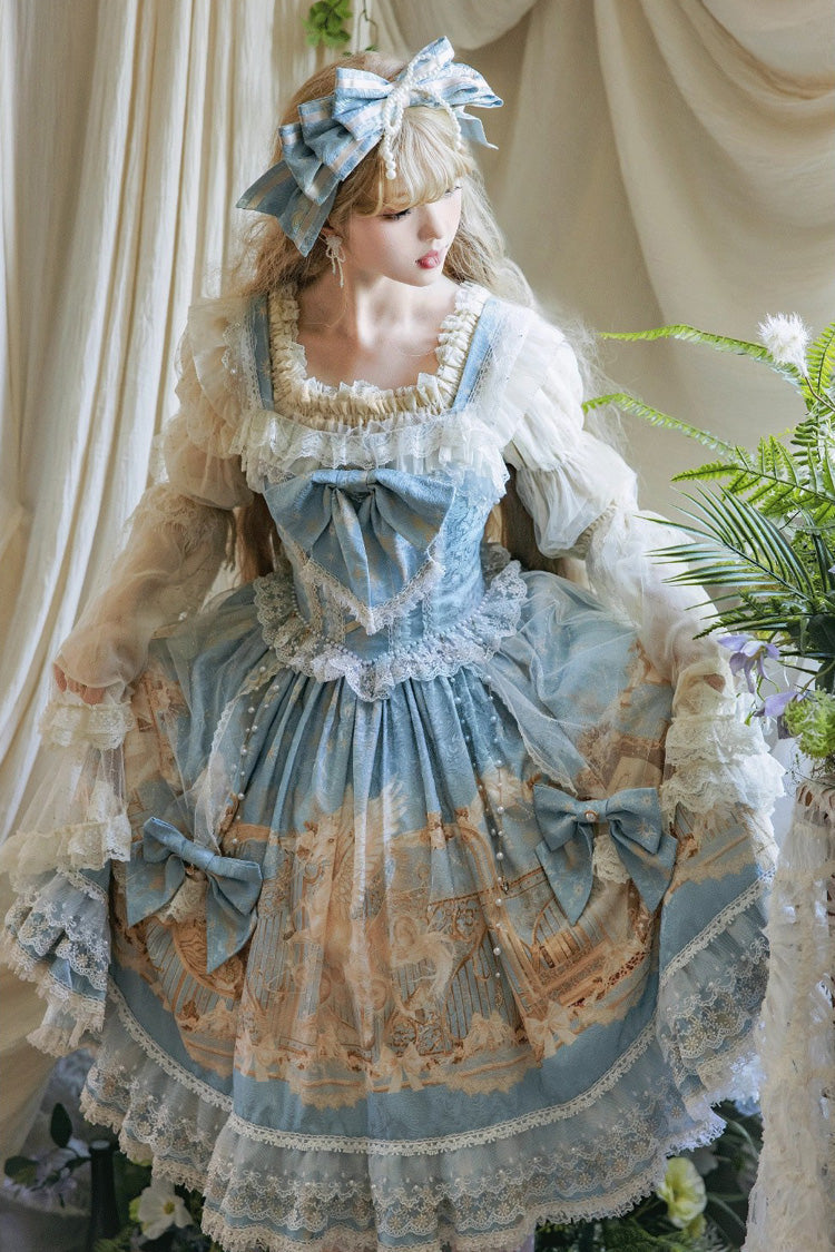 Blue Unicorn Print Sleeveless Multi-Layered Embroidery Bowknot Lace Sweet Lolita Jsk Dress