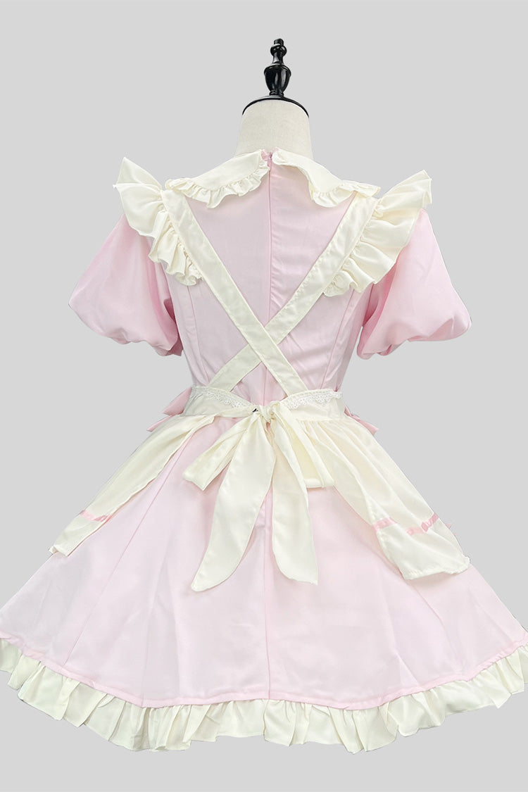 Pink/White Short Sleeves Ruffle Bowknot Lace Plus Size Sweet Maid Short Lolita Dress