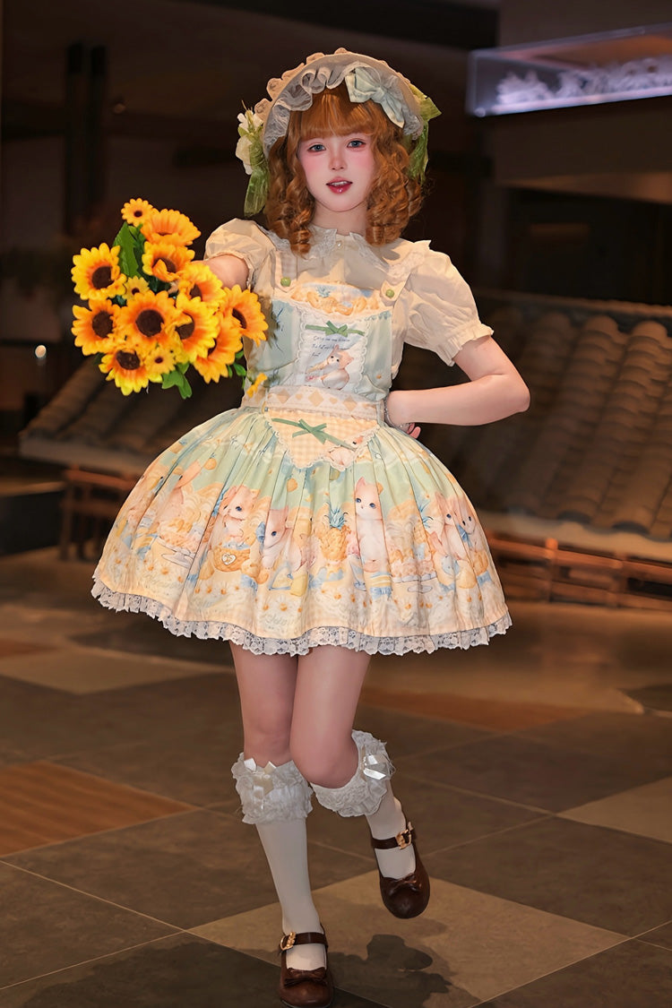 Green Pineapple Cat Print Sleeveless Bowknot Lace Sweet Lolita Strap Dress