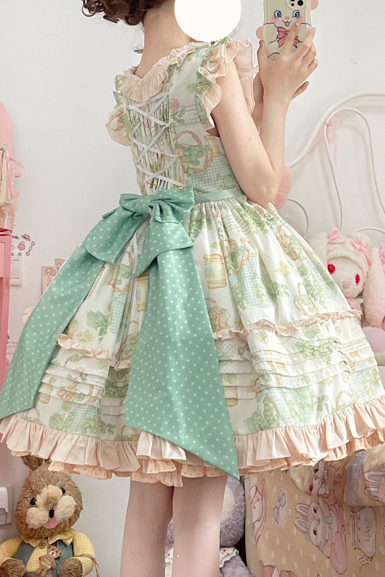 Green Grape Sleeveless Multi-Layered Print Bowknot Sweet Lolita Jsk Dress