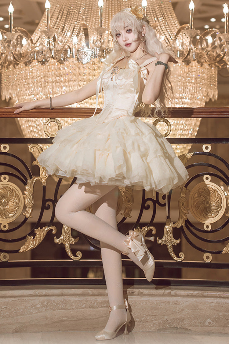 Champagne Cream Polka Dots Sleeveless Jacquard Bowknot Slim Sweet Ballet Lolita Skirt Dress