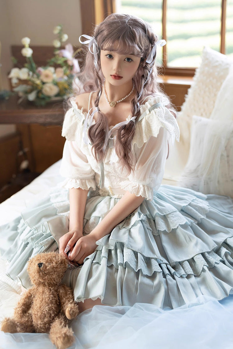 White/Blue Flower Language Multi-layer Ruffle Sweet Lolita Skirt Set