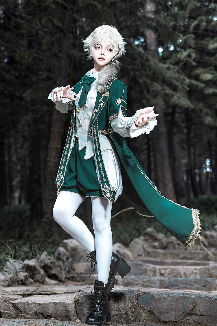 Green Theocratic Messenger Embroidery Classic Military Gorgeous Handsome Ouji Lolita Coat Blouse Shorts Set