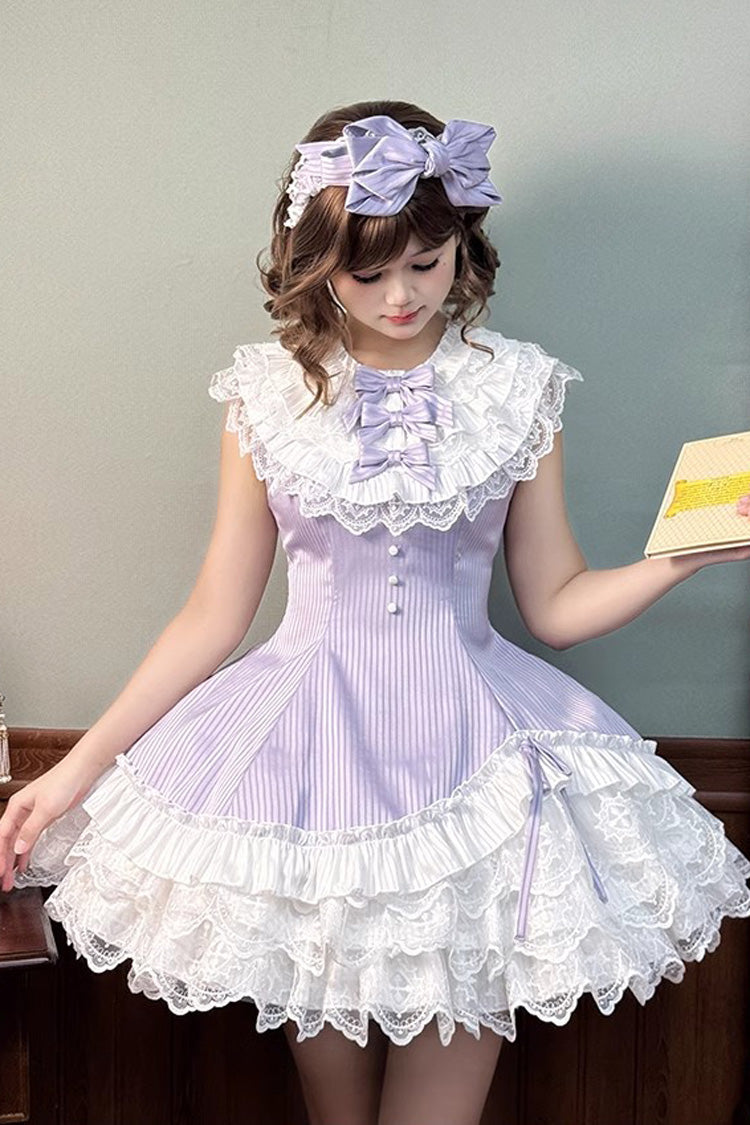Purple Miss Tsundere Sleeveless Multi-Layered Ruffle Bowknot Lace Asymmetric Sweet Princess Lolita Dress