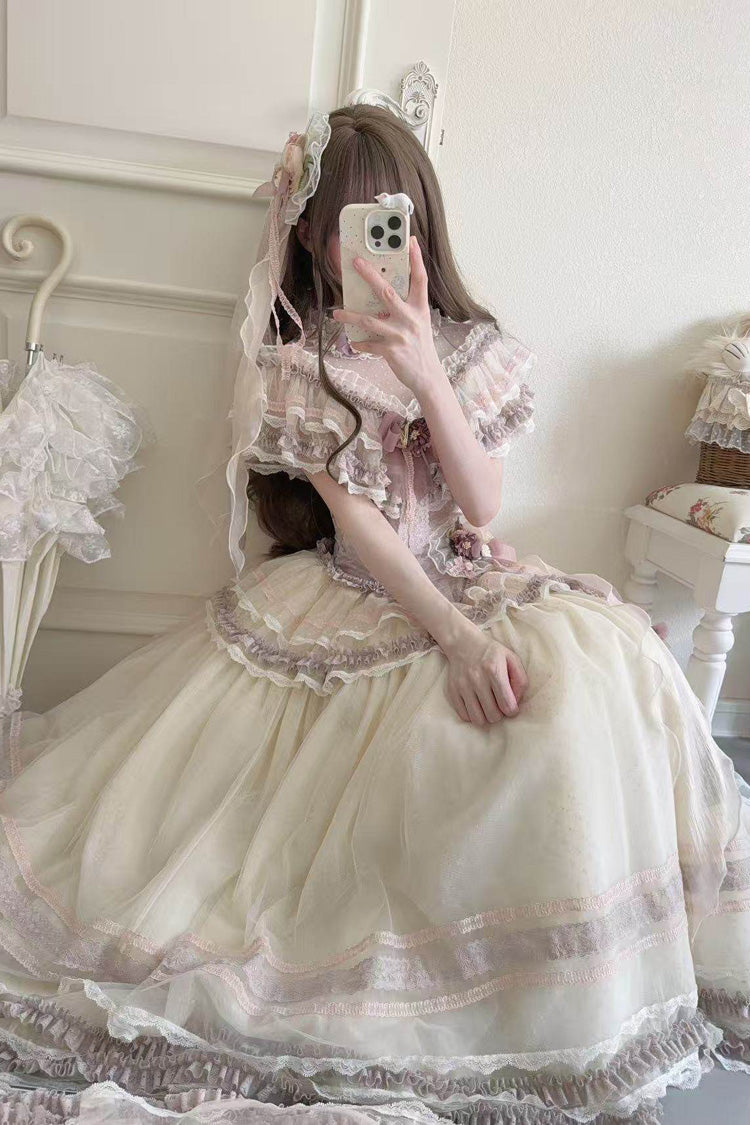Purple Wisteria Poem Sleeveless Ruffled Cut-Out Embroidered Bow Lace Sweet Lolita Two-piece Skirt Set