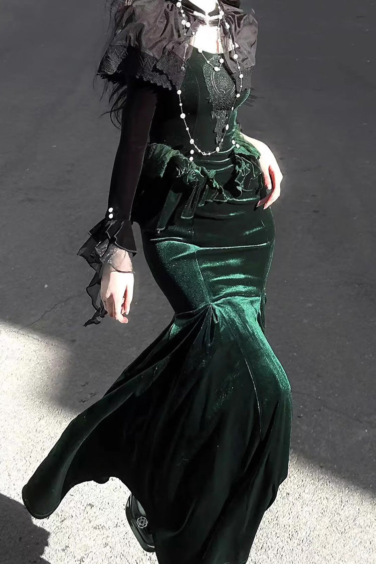 Green Dark Forest Ruffle Embroidery Slim Elegant Lolita Jsk Fishtail Dress