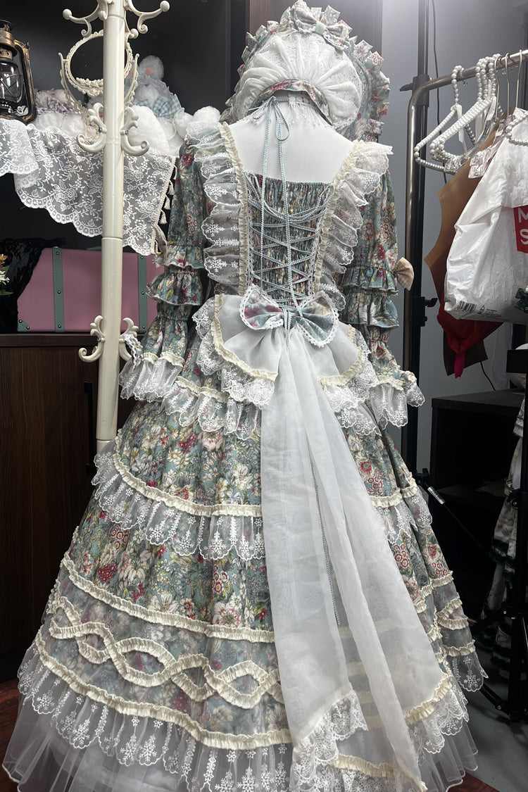 Green/Ivory Print Ruffle Bowknot Lace Classic Vintage Princess Lolita Dress