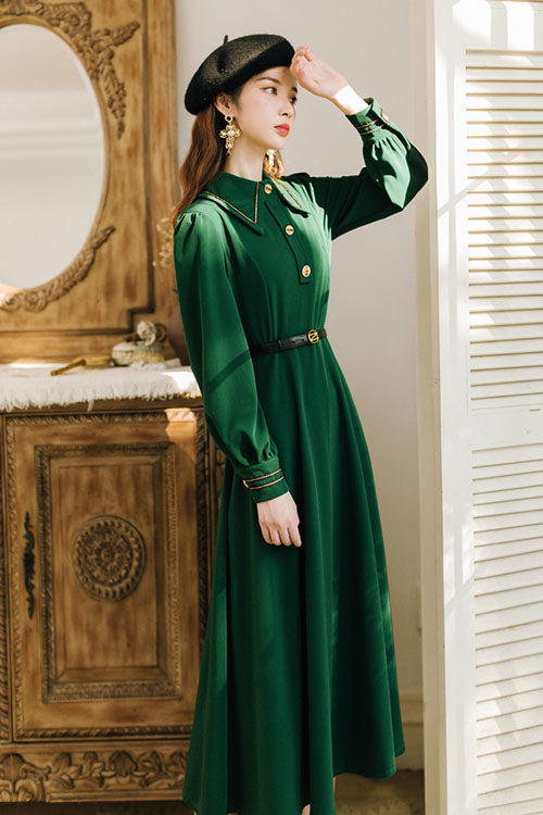 Solid Color Navy Style Vintage Lapel Collar High Waisted Long Sleeves Classic Lolita Dress