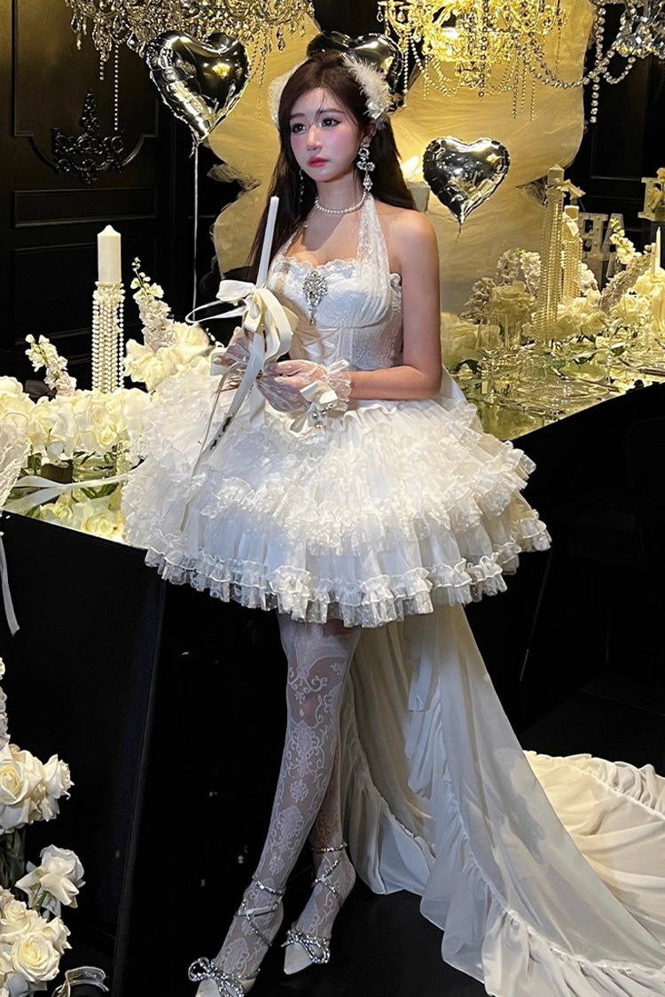 White Dream Halterneck Sleeveless Triple-Layered Ruffle Hanayome Lace Lace-Up Sweet Princess Lolita Dress