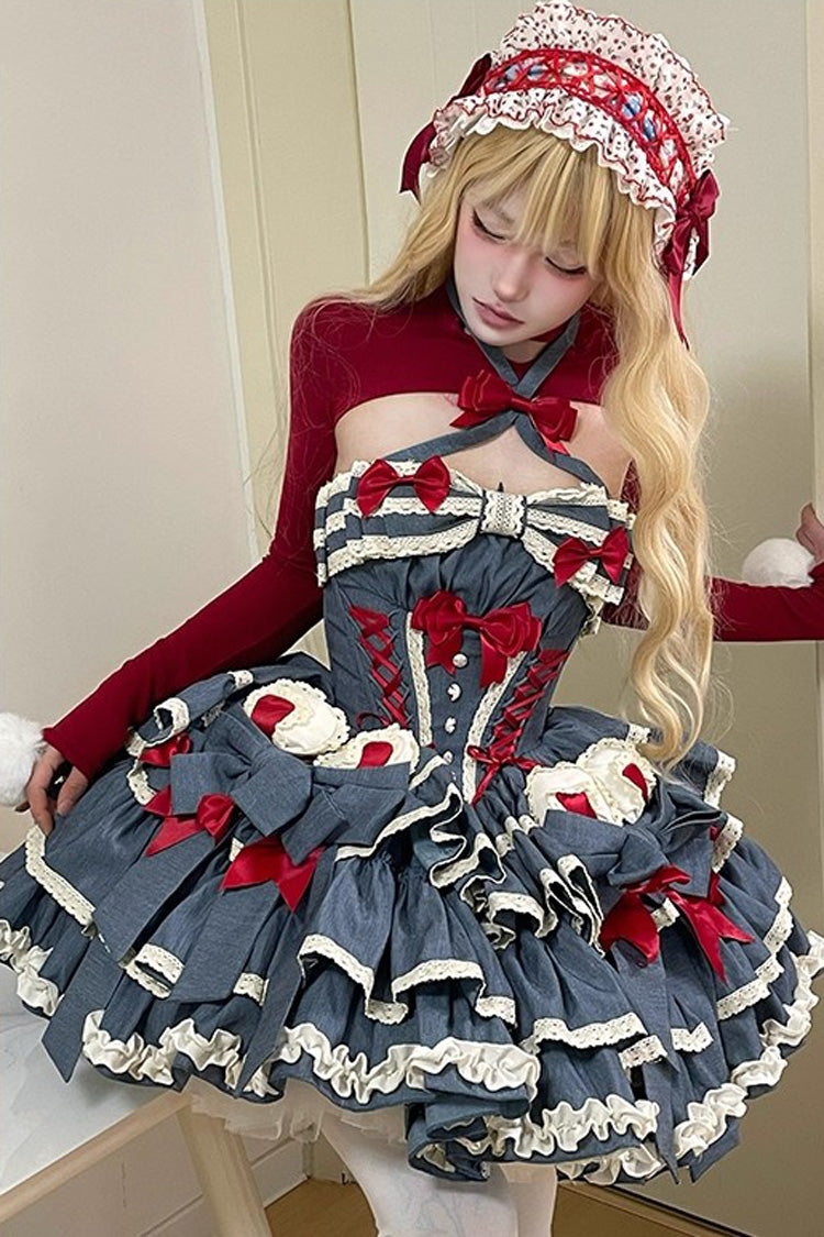 Blue Milk Rabbit Theater Halterneck Sleeveless Triple-Layered Ruffle Bowknot Lace-Up Sweet Lolita Jsk Dress