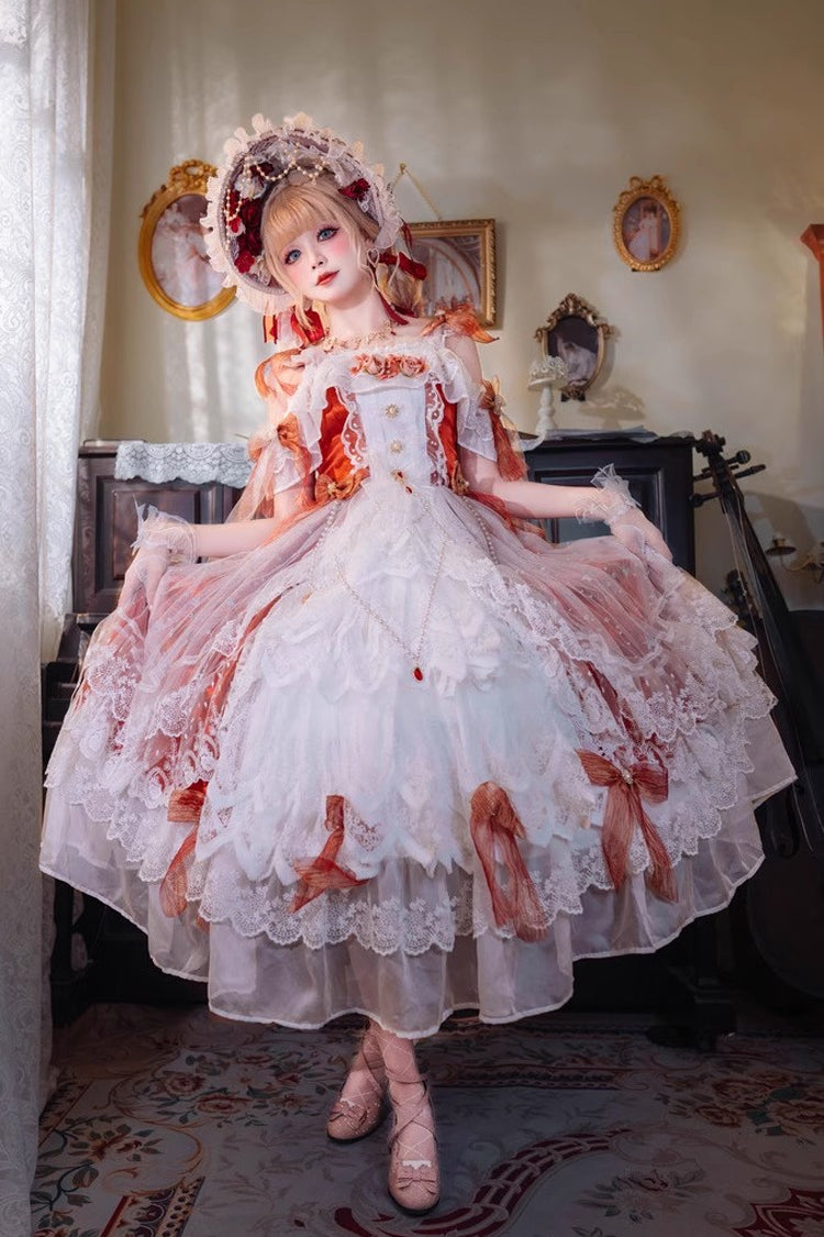 Red Glazed Phantom Off Shoulder Ruffle Hanayome Bowknot Lace Sweet Elegant Lolita Dress
