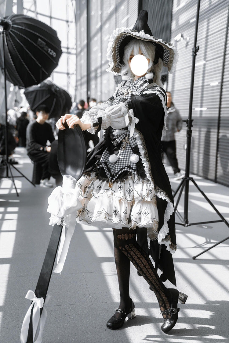 Black/White Little Witch Ruffle Embroidery Bowknot Gothic Lolita Jsk Dress Full Set