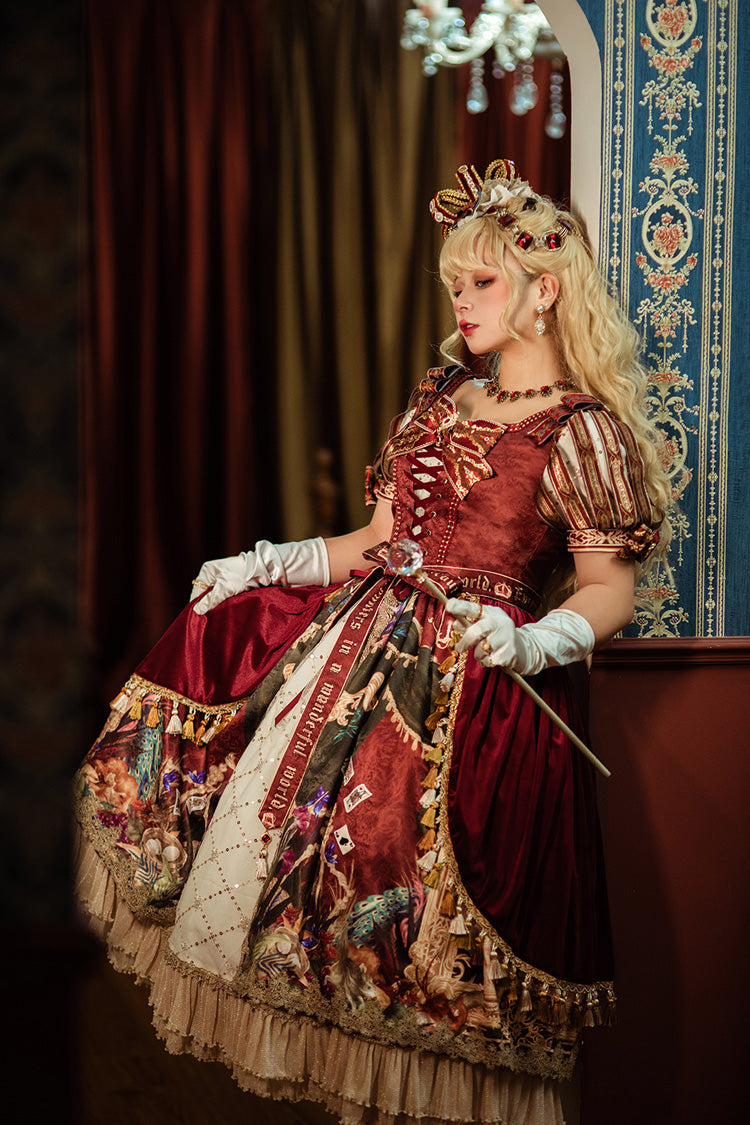 Red Kaleidoscope of Dreams Double-Layered Print Embroidery Bowknot Lace-Up Classic Vintage Gorgeous Lolita Dress