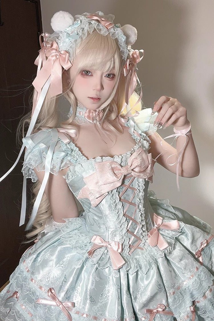 Green Flora Isle Butterfly Sleeveless Ruffle Bowknot Lace Lace-Up Sweet Elegant Lolita Jsk Dress